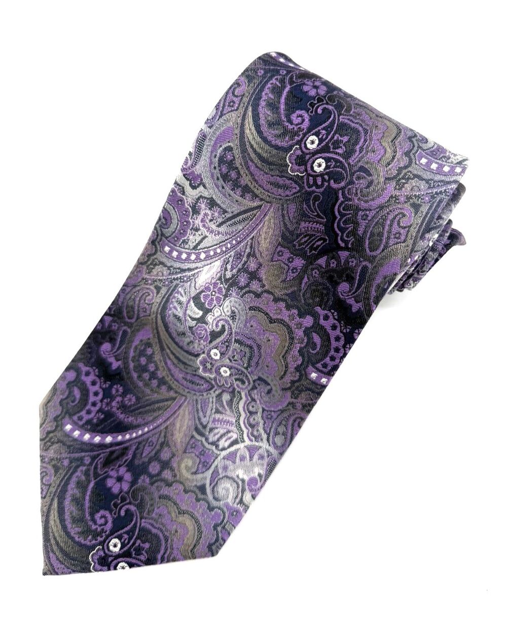 Corsini Men's Silk Tie Purple Grey Paisley Jacquard Woven Designer Necktie